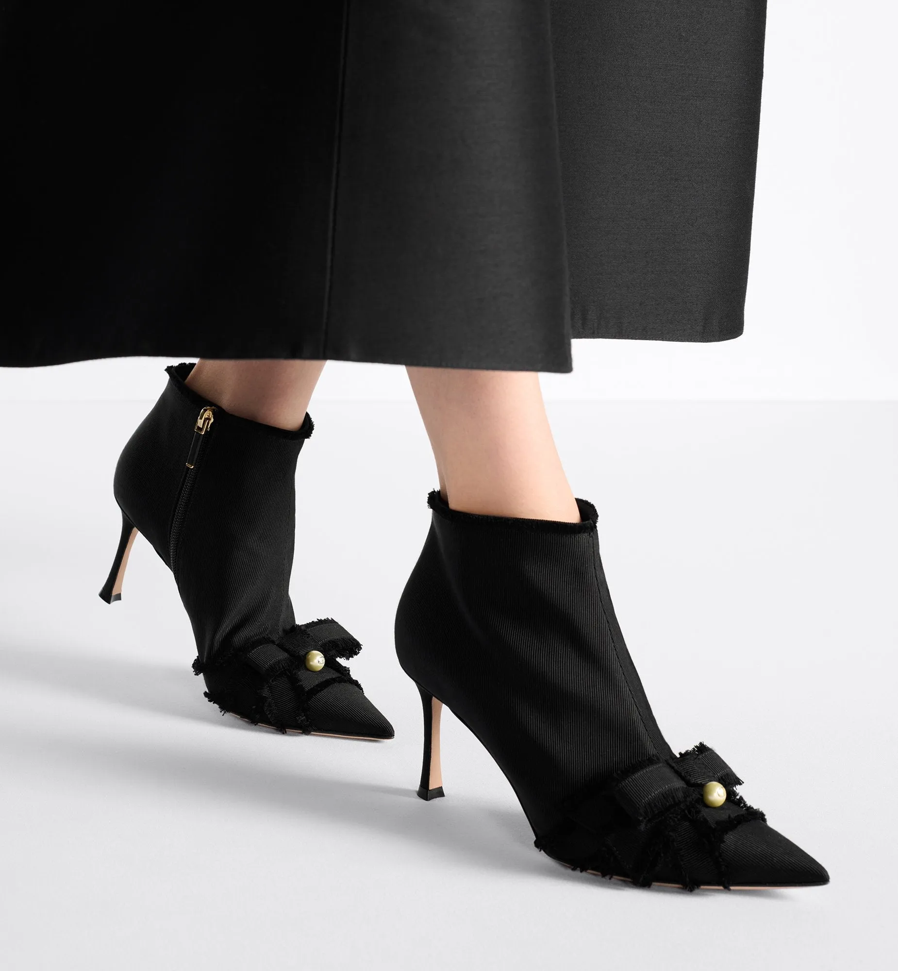 Adiorable Heeled Ankle Boot Black Fringed Grosgrain