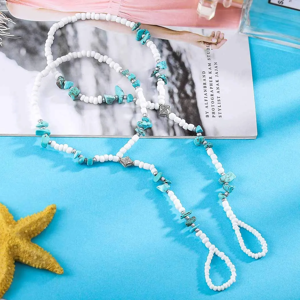 Aularso Boho Anklet Bead Barefoot Sandals Turquoise Ankle Bracelets Ring Foot Chain Beach Feet Jewelry for Women and Girls( 2PCS)
