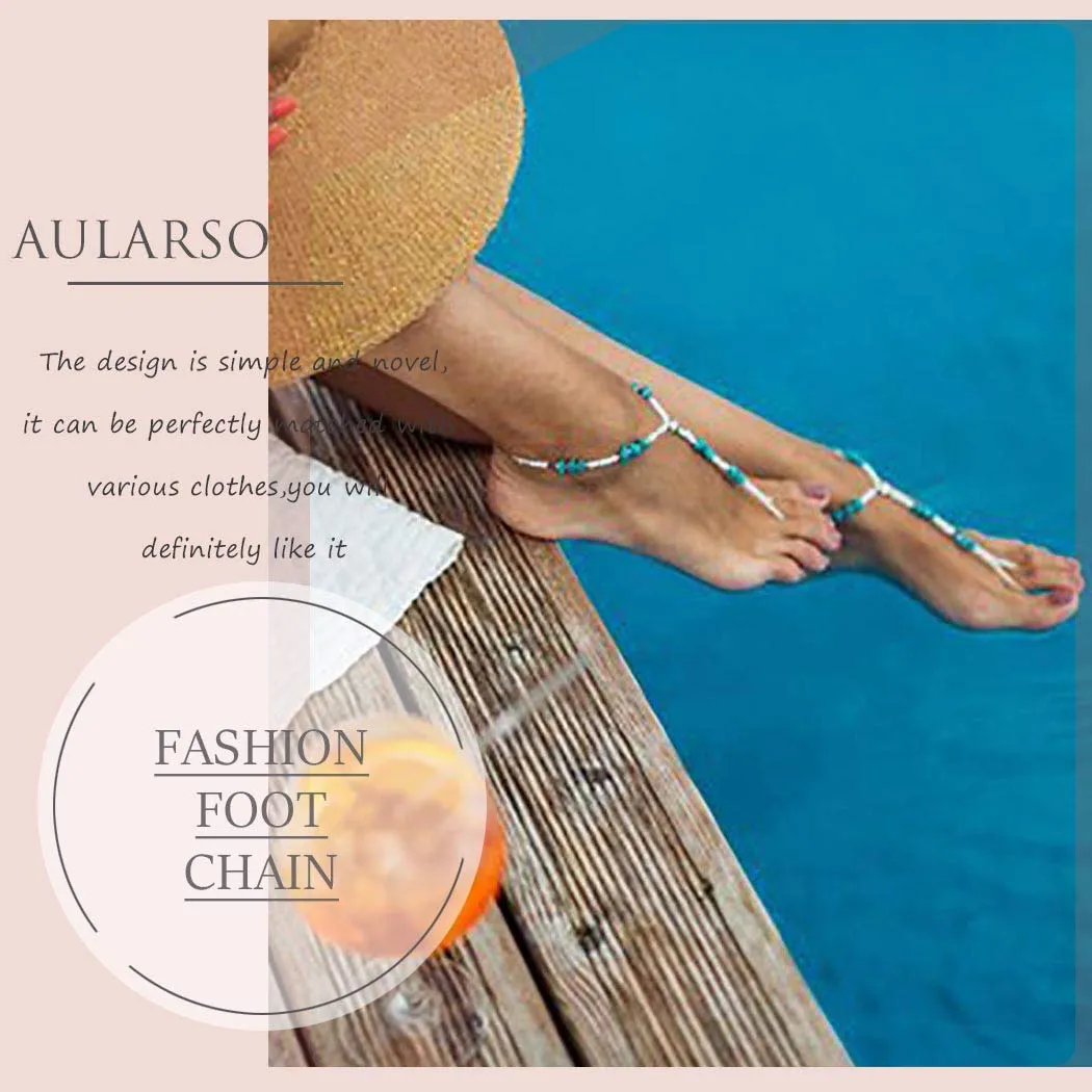 Aularso Boho Anklet Bead Barefoot Sandals Turquoise Ankle Bracelets Ring Foot Chain Beach Feet Jewelry for Women and Girls( 2PCS)