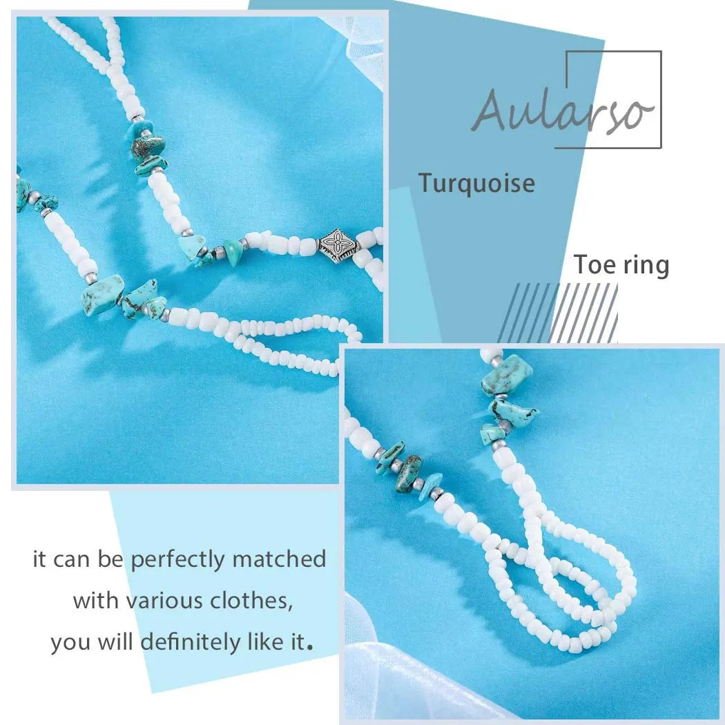 Aularso Boho Anklet Bead Barefoot Sandals Turquoise Ankle Bracelets Ring Foot Chain Beach Feet Jewelry for Women and Girls( 2PCS)