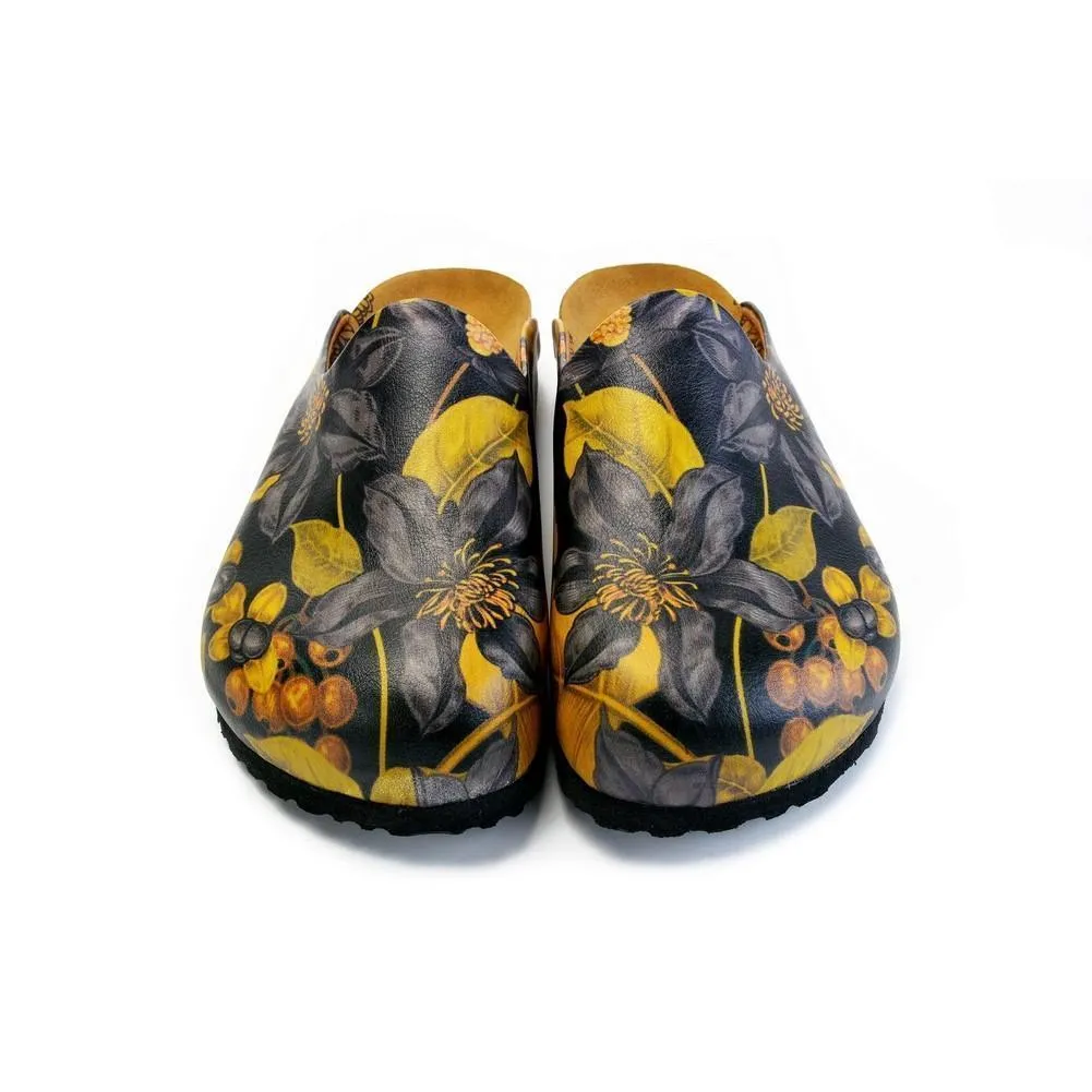 Black Flowers and Yellow Leaf Sandal - CAL1408