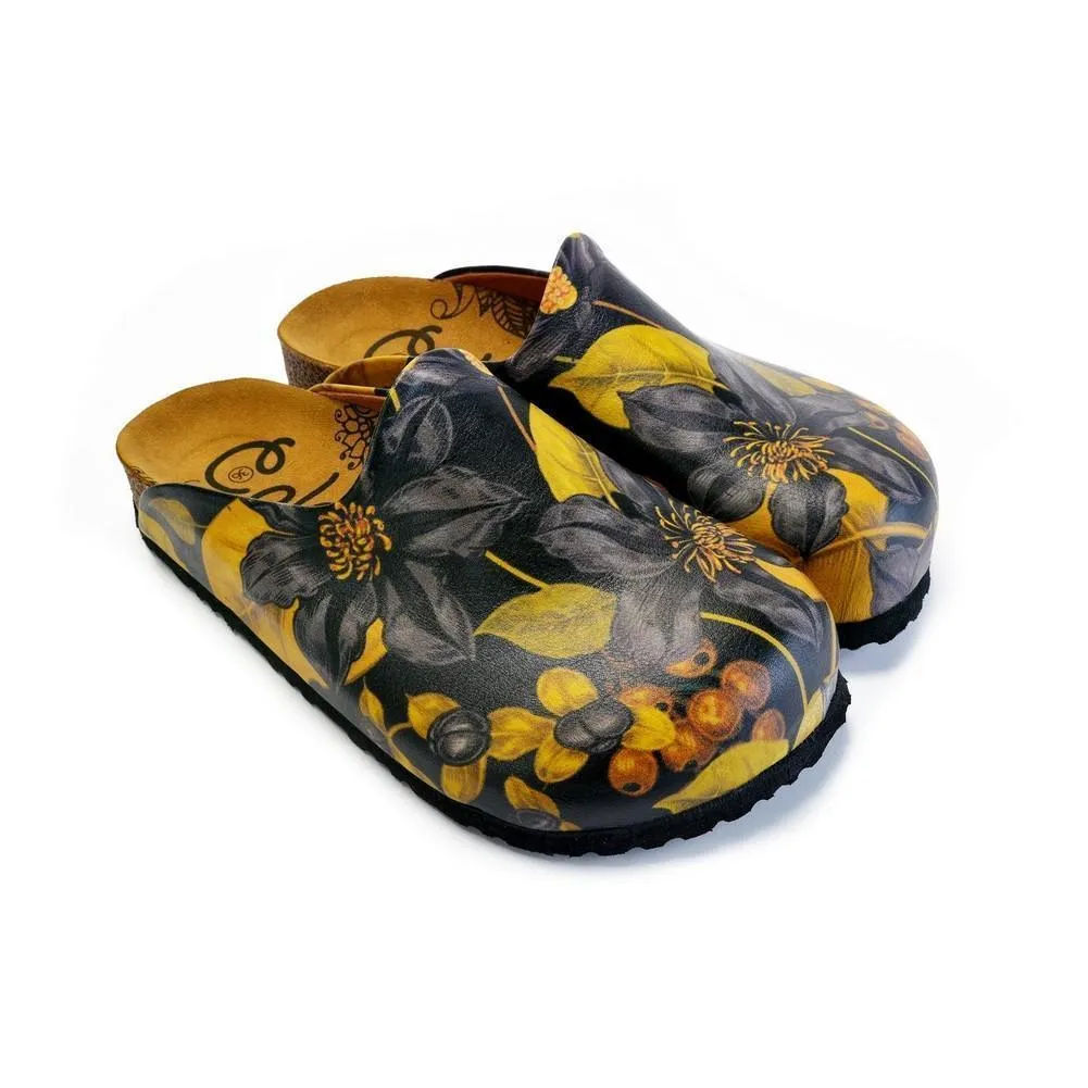 Black Flowers and Yellow Leaf Sandal - CAL1408