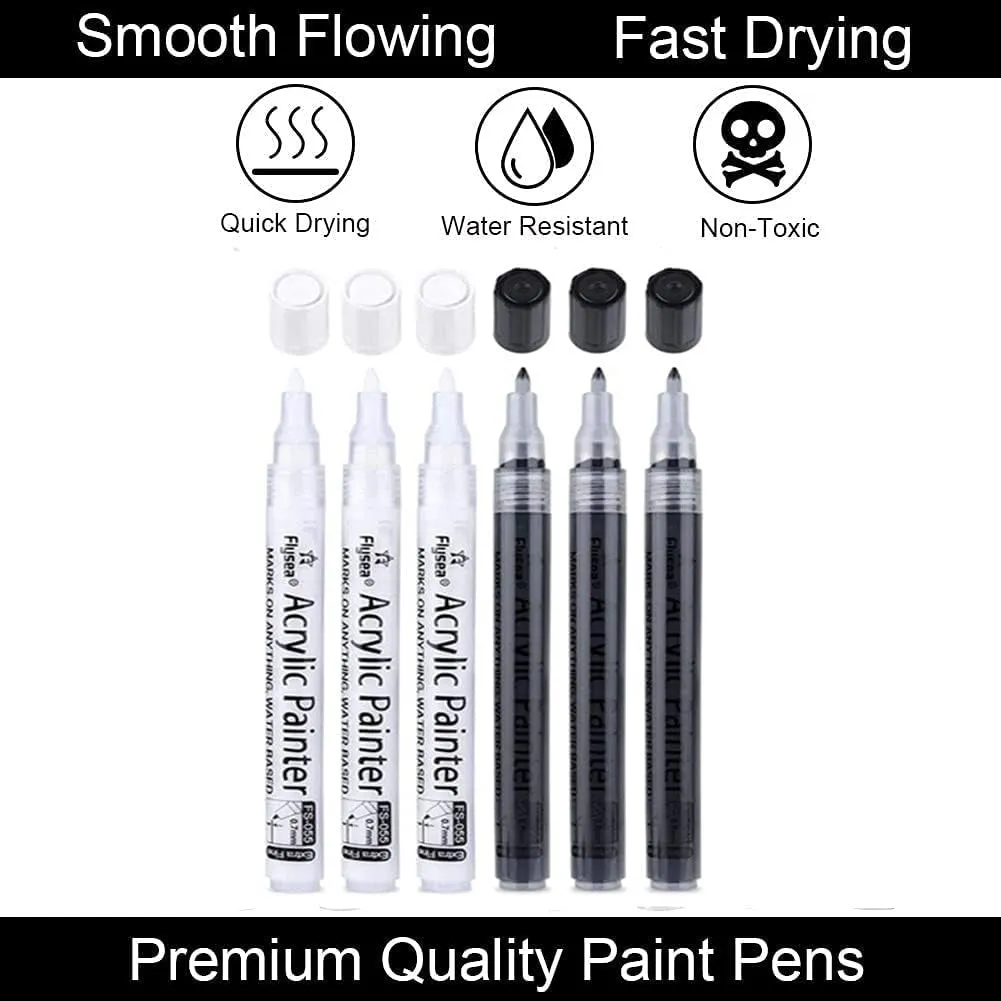 Black Paint Pens, 6 Pack 0.7Mm Acrylic Black Permanent Marker ,White Paint Pens for Rock Painting, Stone,Wood, Plastic, Ceramic, Glass, Metal Canvas, Paper, Water-Based Extra Fine Point