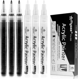 Black Paint Pens, 6 Pack 0.7Mm Acrylic Black Permanent Marker ,White Paint Pens for Rock Painting, Stone,Wood, Plastic, Ceramic, Glass, Metal Canvas, Paper, Water-Based Extra Fine Point