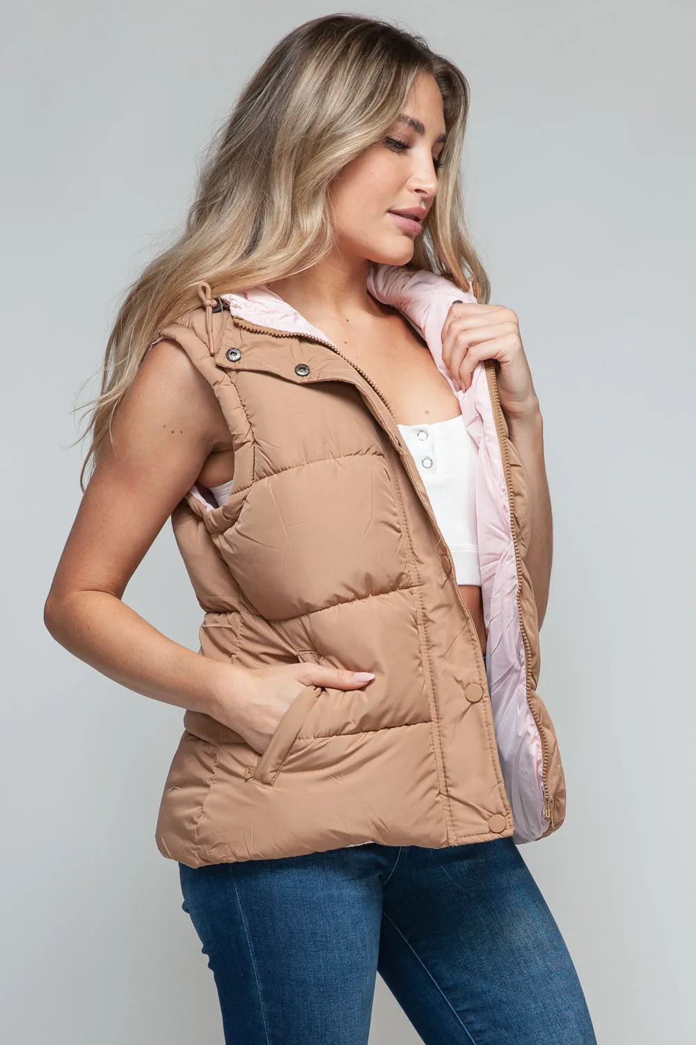 Cozy Chic: Hooded Puffer Vest - Khaki