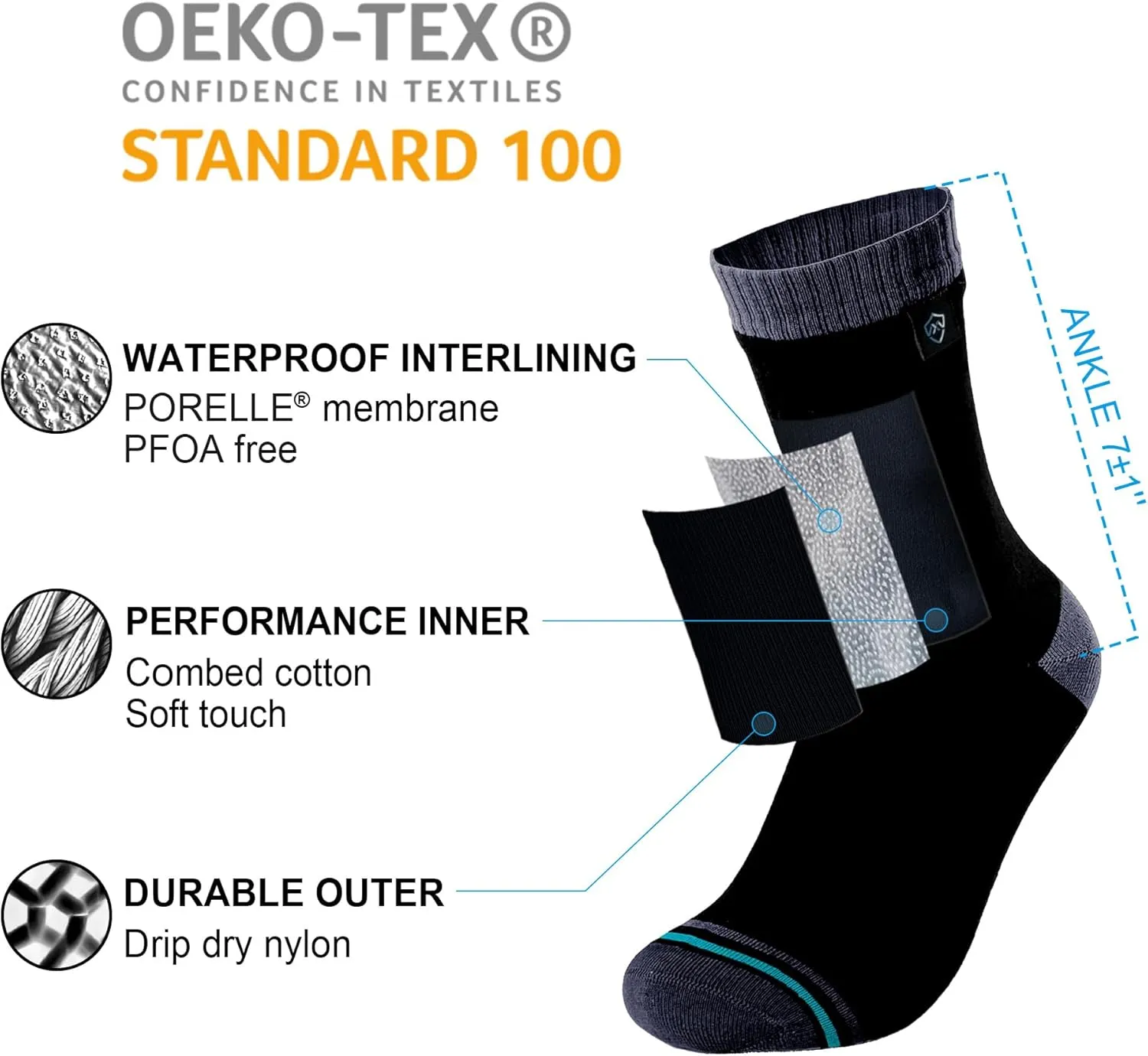 DexShell Waterproof Socks for Men & Women, Ultralite for Hiking Walking Outdoor Activities in Cold Wet Weather, Unisex Ankle