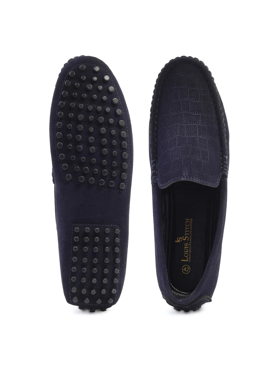 Federal Blue Handmade Italian Suede Leather Textured Penny Loafers