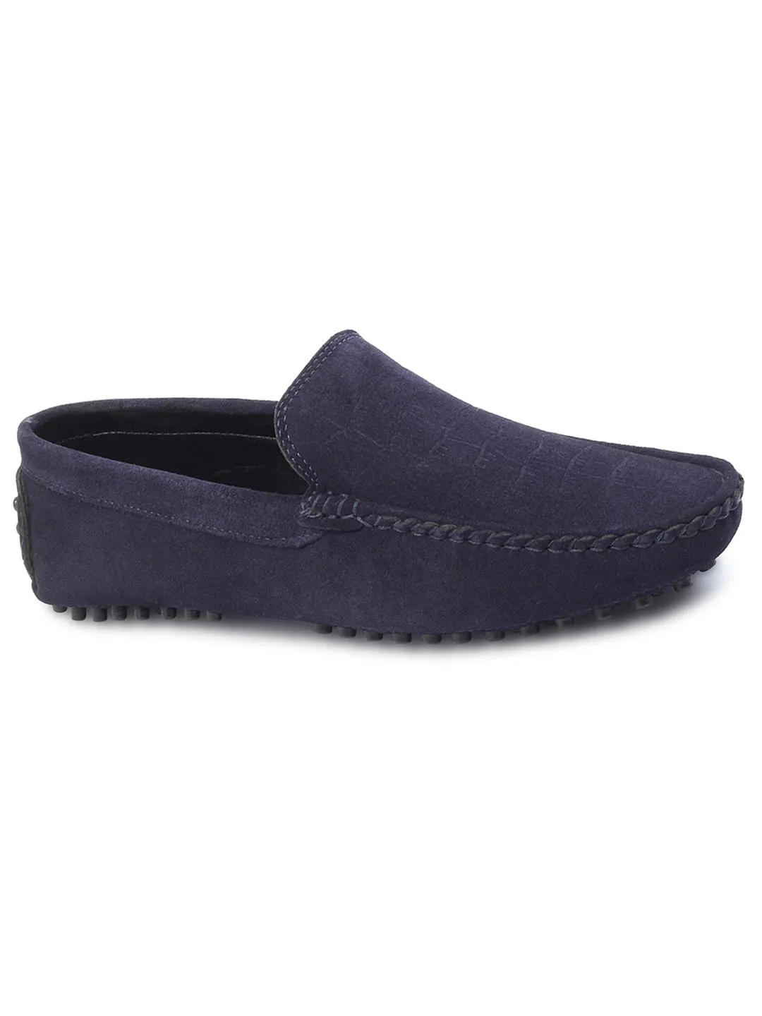 Federal Blue Handmade Italian Suede Leather Textured Penny Loafers