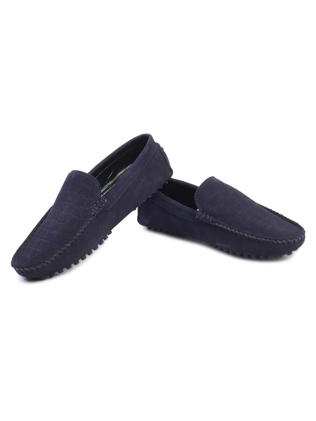 Federal Blue Handmade Italian Suede Leather Textured Penny Loafers
