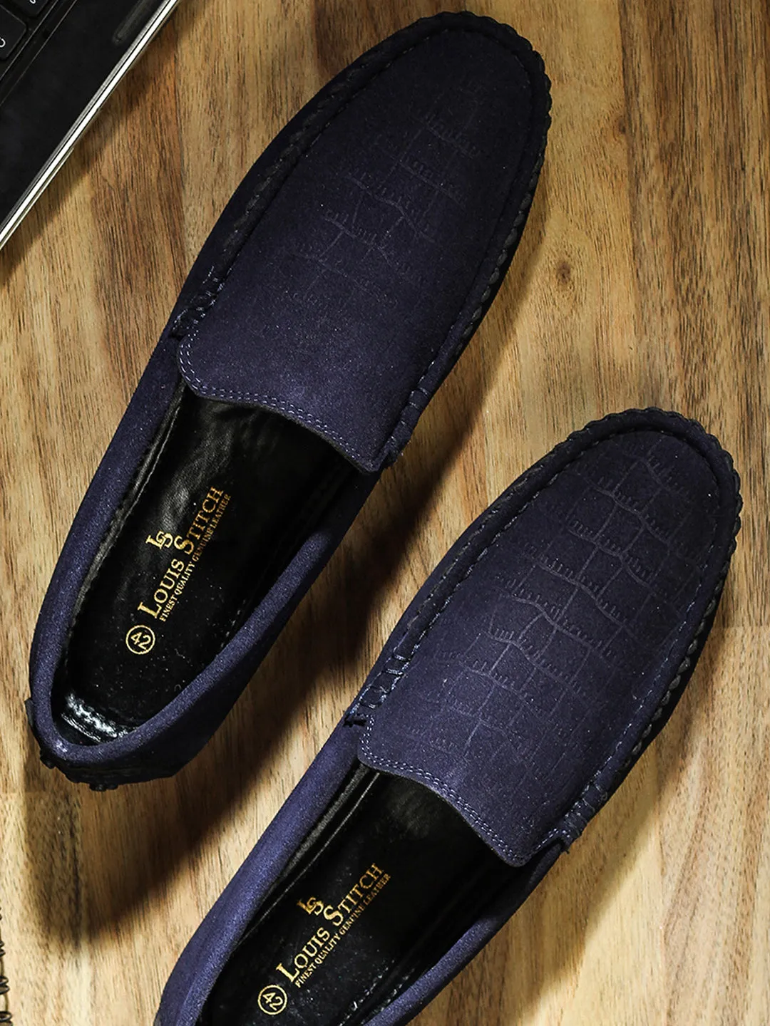 Federal Blue Handmade Italian Suede Leather Textured Penny Loafers
