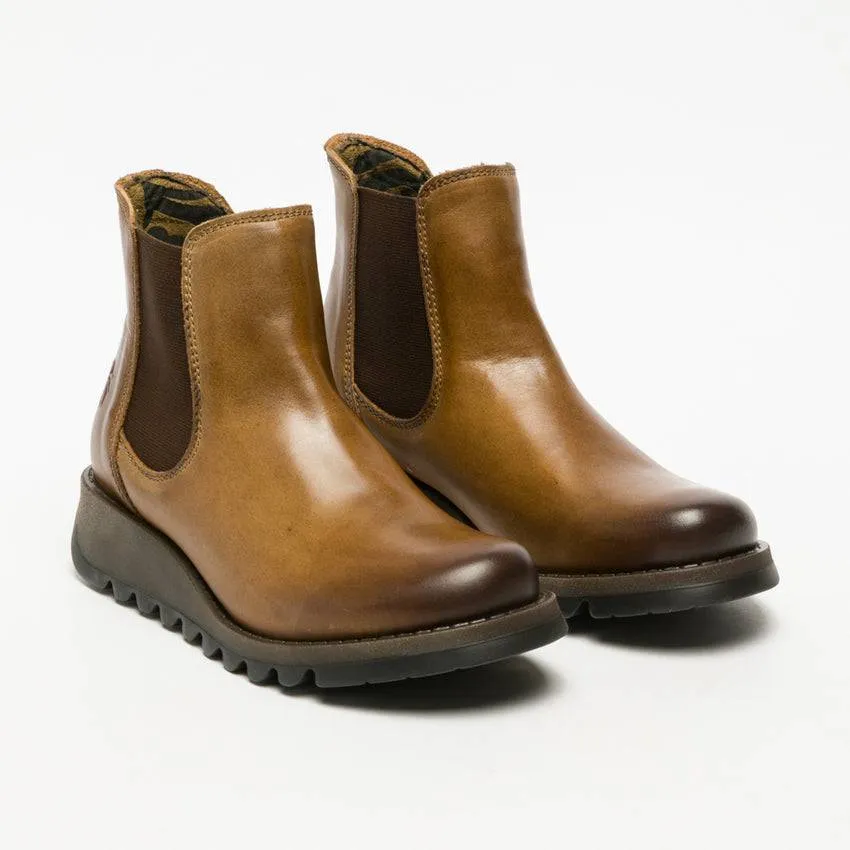Fly London Salv Camel Leather Pull On Ankle Boots