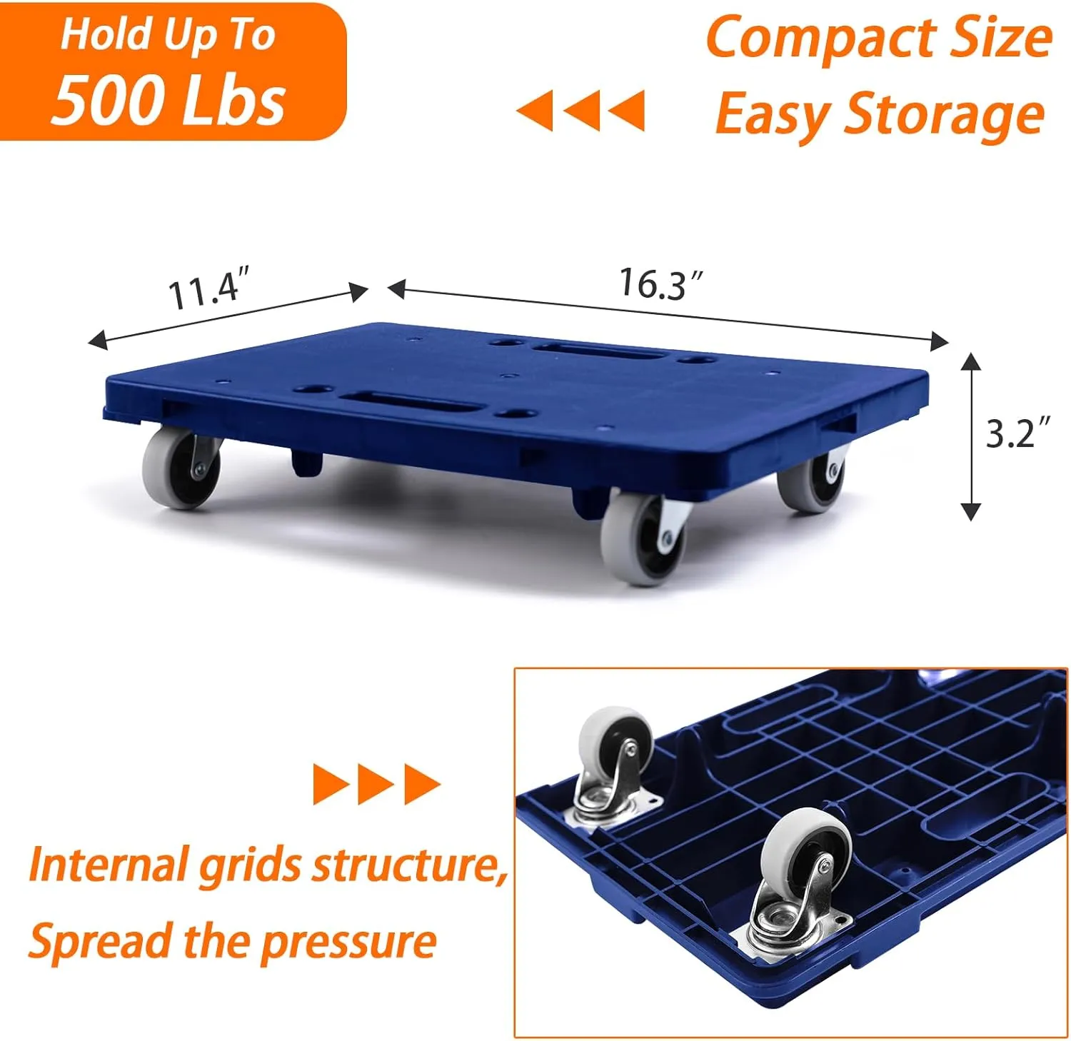 Furniture Dolly,Moving Dolly 4 Wheels Heavy Duty,16in-11in 500lbs Capacity,Furniture Movers Dollys with Wheels,Small Flat Cart with 2 Ropes, 2 Pack, Blue(Blue)