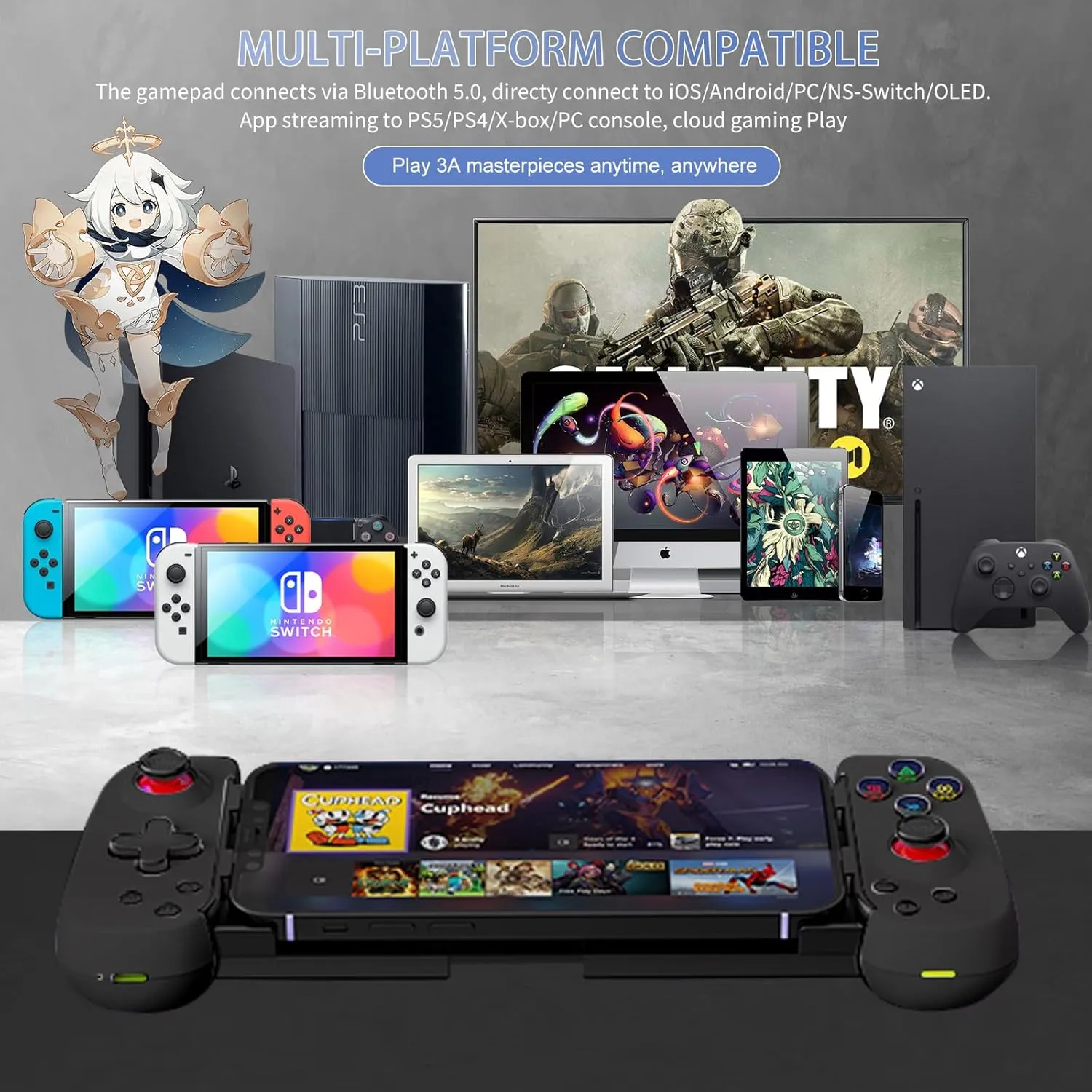 Koiiko Wireless Controller for iPhone/Android/PC/iPad/Tablet/Appl Arcade MFi Games/Switch, Support Streaming on PS/Xbox/PC Console, Cloud Gaming Gamepad Joystick - Turbo/Dual Motors Black