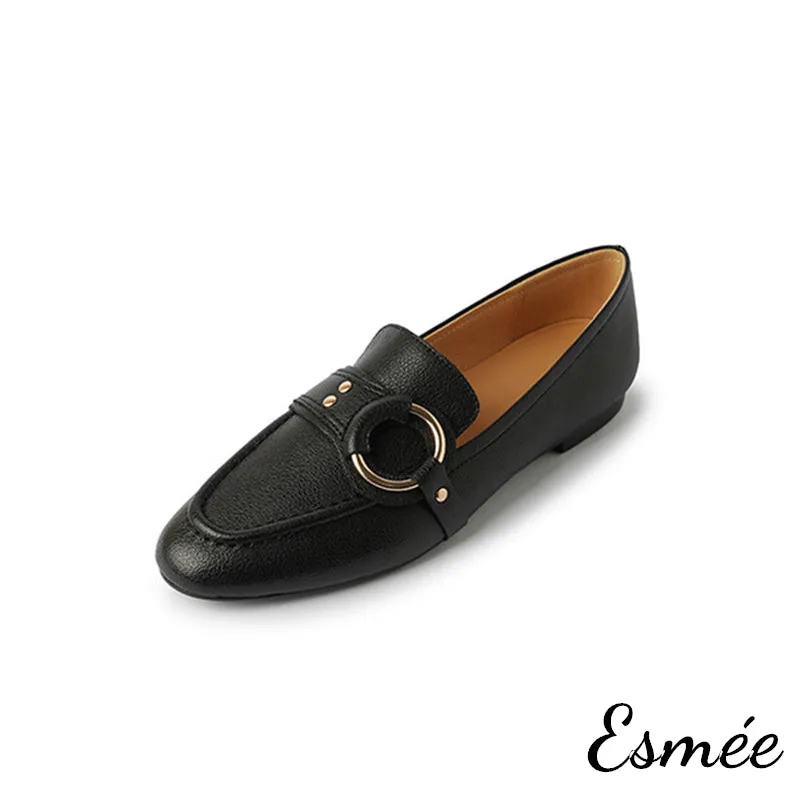 Leather Loafers with Circular Buckle