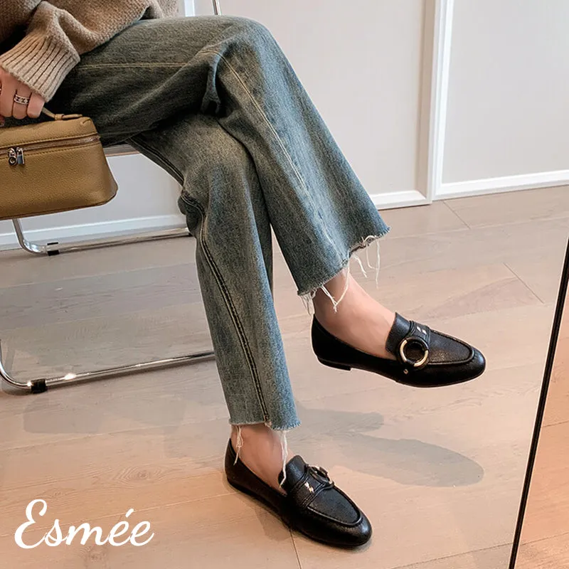 Leather Loafers with Circular Buckle