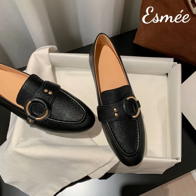 Leather Loafers with Circular Buckle