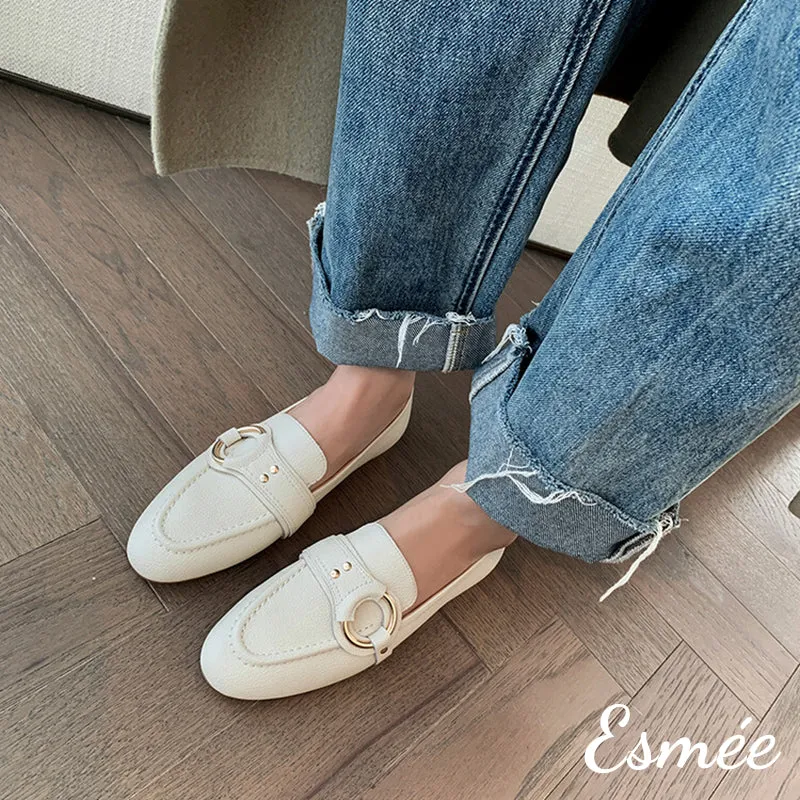 Leather Loafers with Circular Buckle