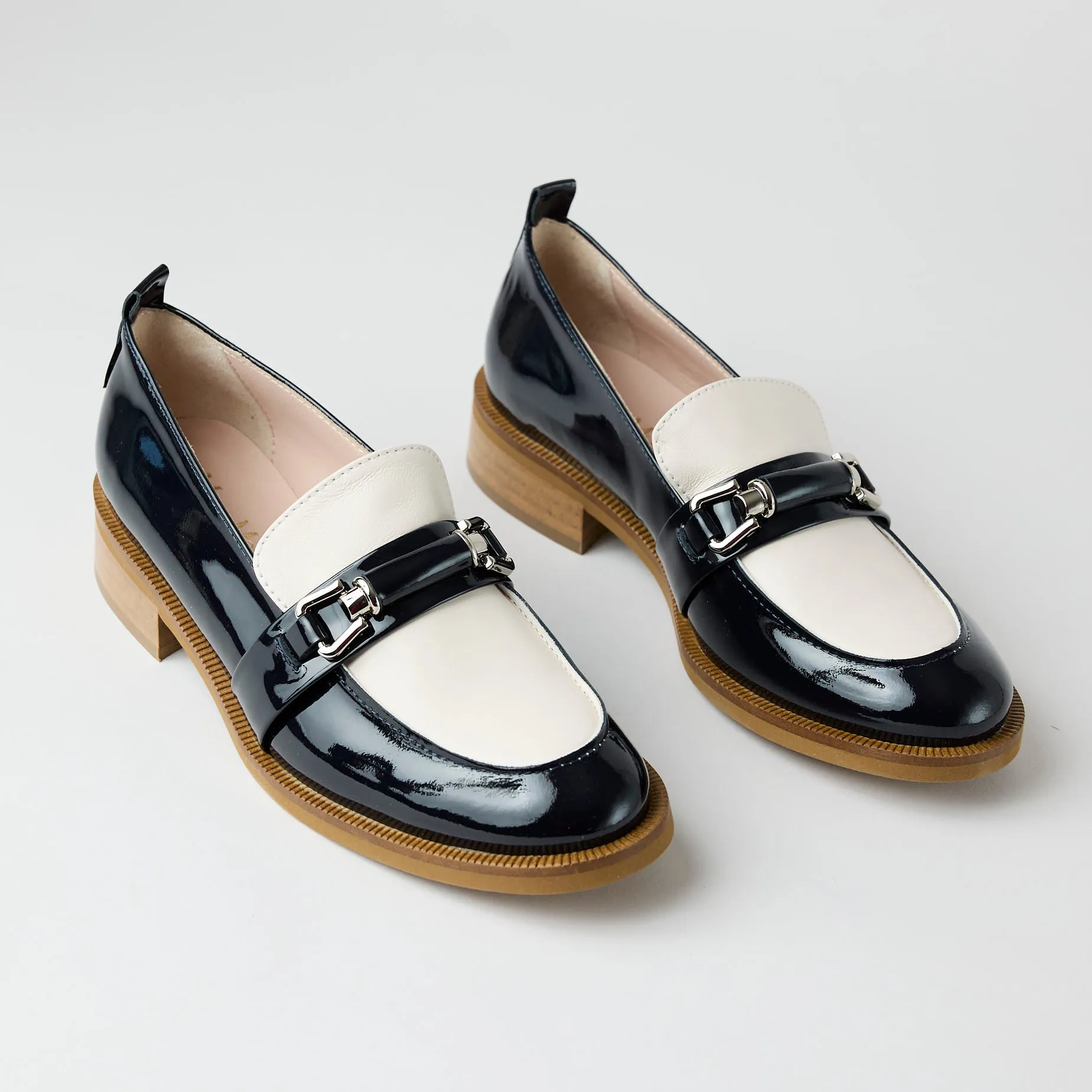 Marco Moreo Navy and Cream Patent Leather Loafers