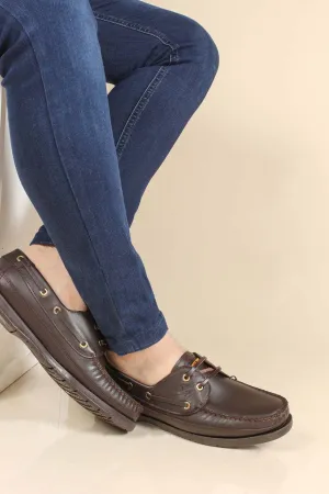 Men's Brown Leather Boat Shoes with Brass Eyelets - Wessi