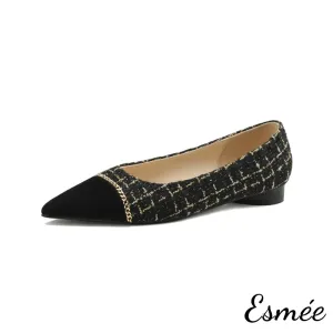 Tweed Fabrics Flats with Black Pointy Toe and Chain Design