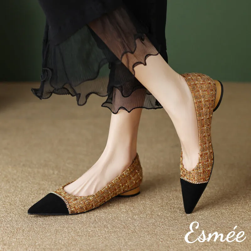Tweed Fabrics Flats with Black Pointy Toe and Chain Design