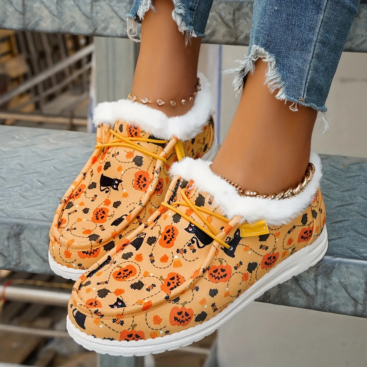 Women's Pumpkin & Cat Print Canvas Shoes, Casual Lace Up Outdoor Shoes, Lightweight Low Top Halloween Shoes