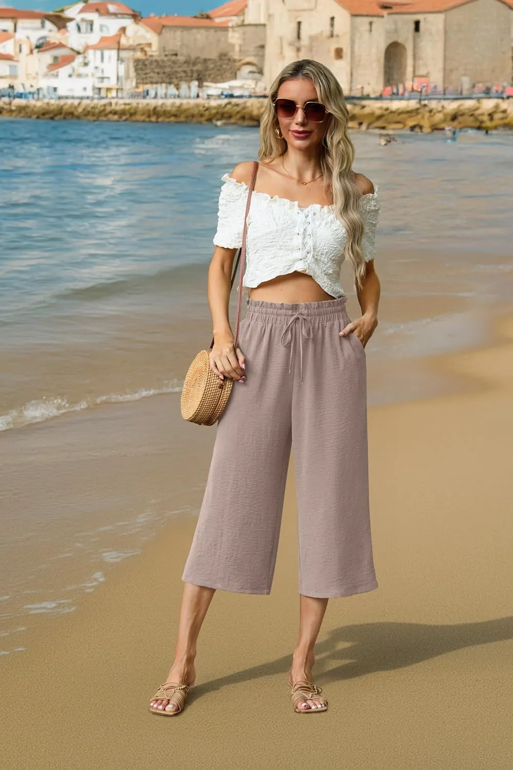 Womens Wide Leg High Waisted with Tie Belt Pockets Summer 2025 Vacation Pants