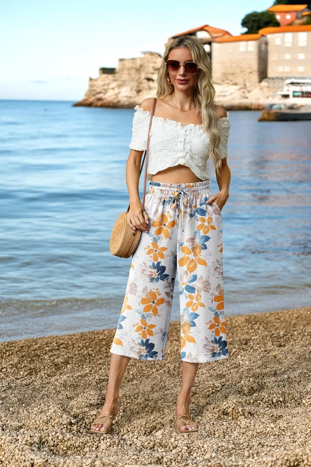 Womens Wide Leg High Waisted with Tie Belt Pockets Summer 2025 Vacation Pants