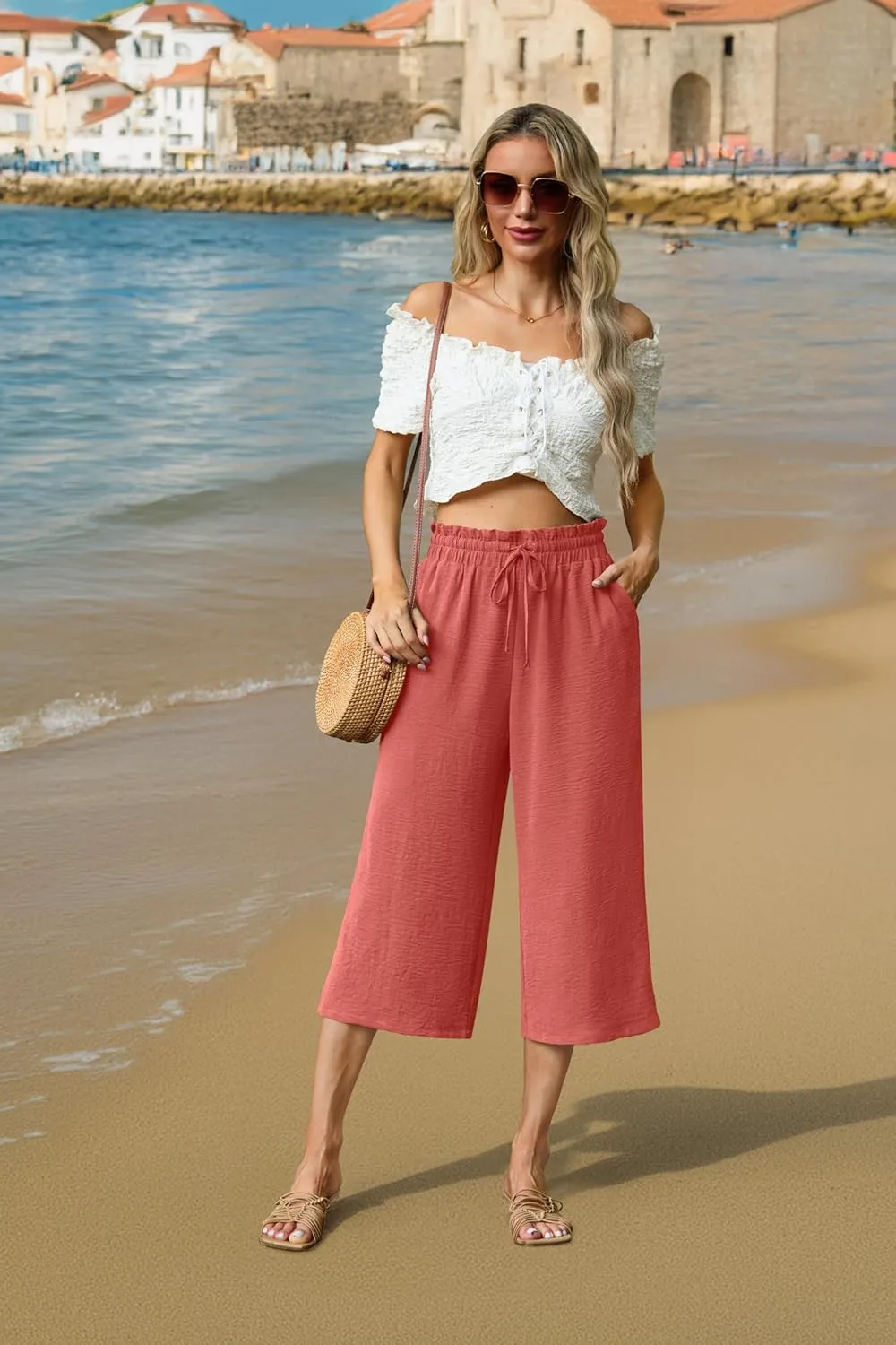 Womens Wide Leg High Waisted with Tie Belt Pockets Summer 2025 Vacation Pants